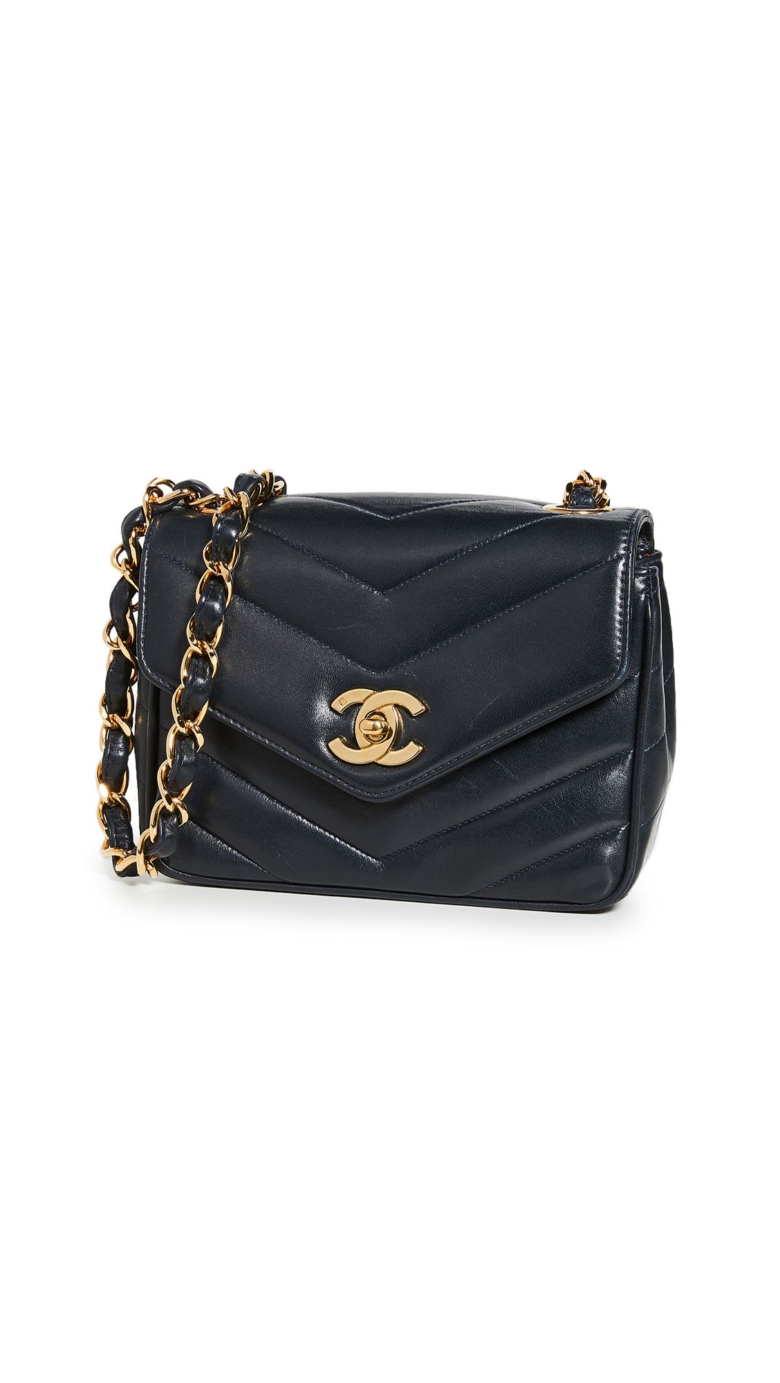 What Goes Around Comes Around Chanel Navy Chevron Flap Mini Bag | Shopbop