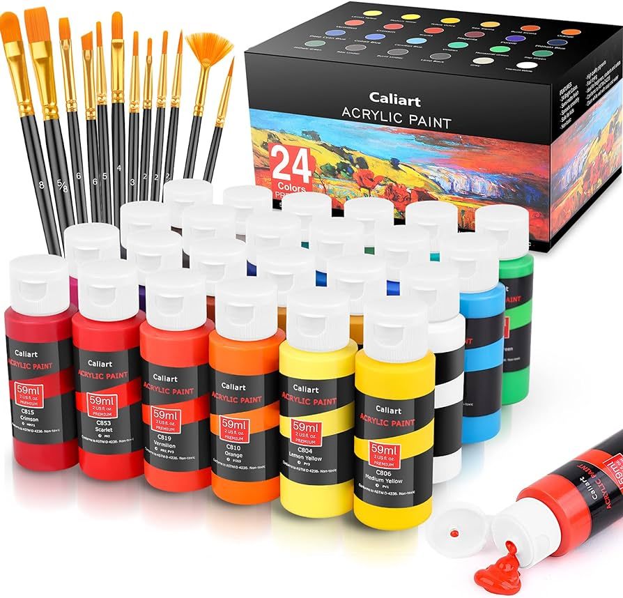 Amazon.com: Caliart Acrylic Paint Set with 12 Brushes, 24 Colors (59ml, 2oz) Art Craft Paints Gif... | Amazon (US)