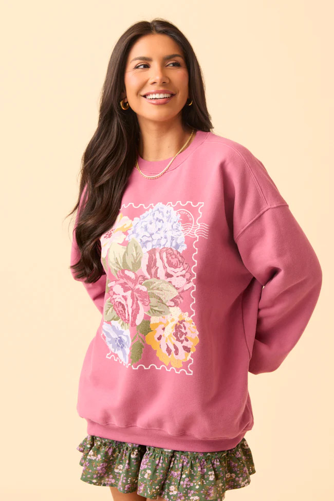 Floral Stamp Rose Graphic Sweatshirt | Pink Lily