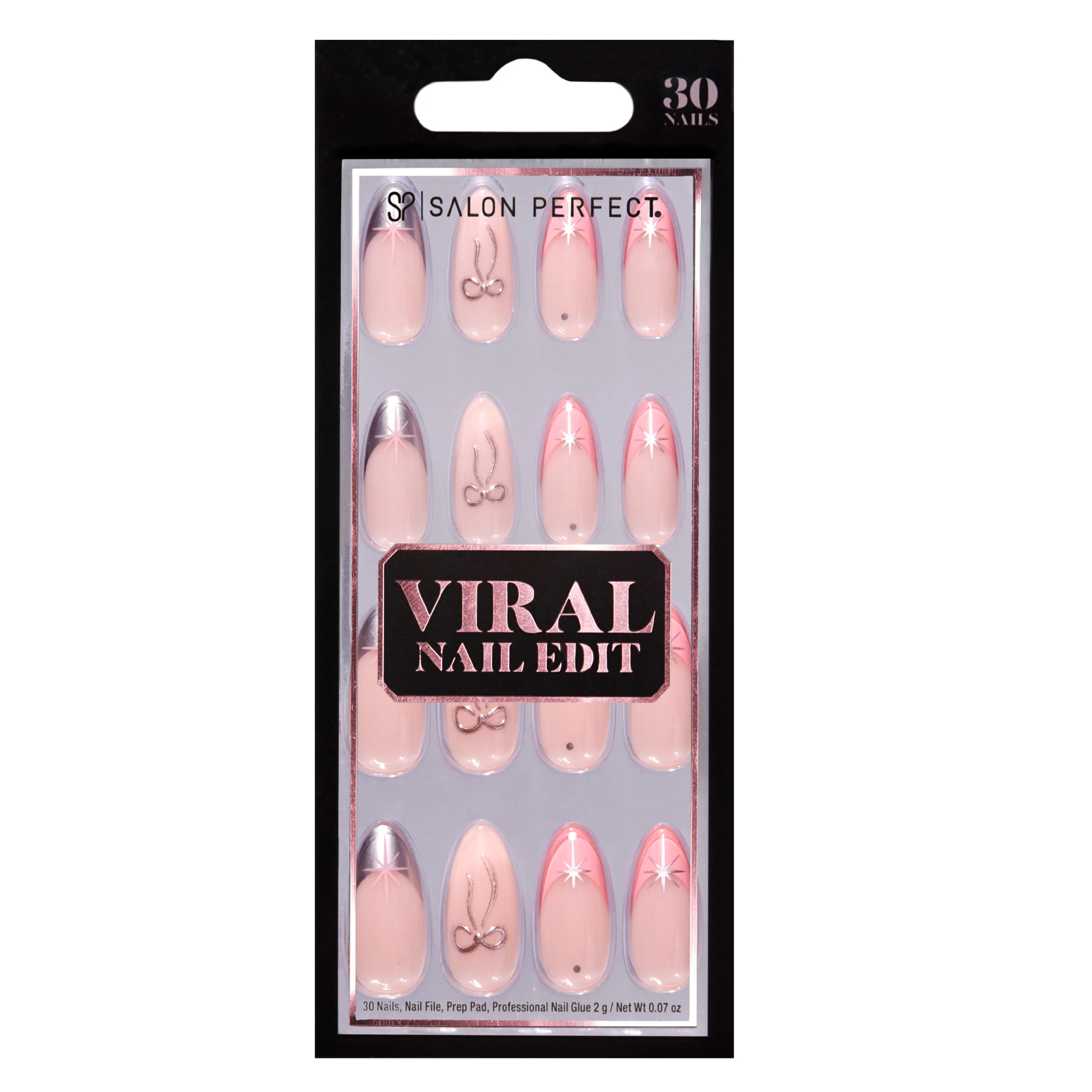 SALON PERFECT PRESS ON NAILS, 309 VIRAL NAIL EDIT, SILVER BOW, FAKE NAIL KIT, FILE & GLUE INCLUDE... | Walmart (US)