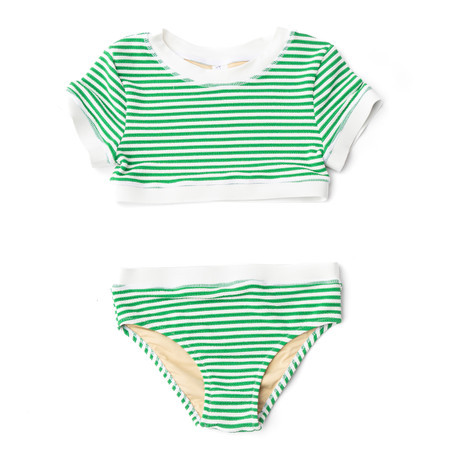 Green Stripe Girls Ribbed Cropped Short Sleeve Two Piece Swimsuit 4t-14 | Shade Critters