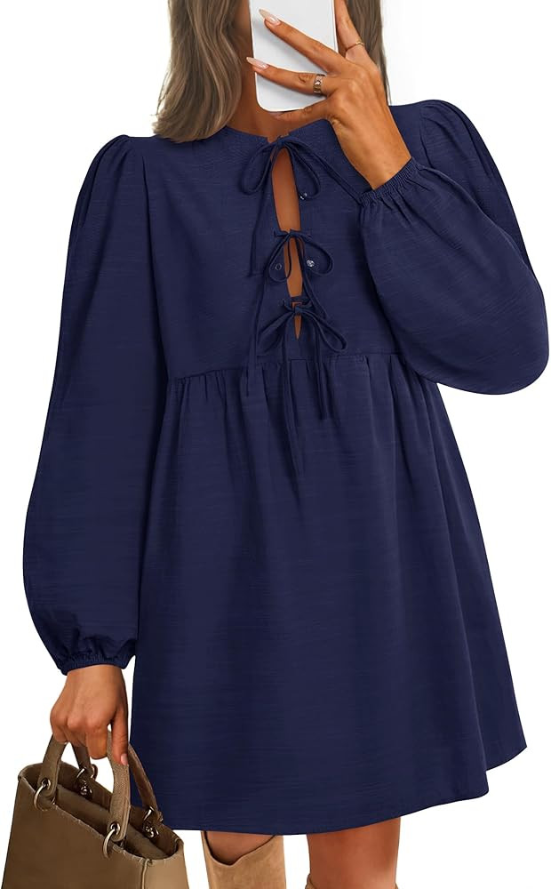 ZESICA Women's Dress Fall Long Puff Sleeve Self Tie Front Babydoll A Line Pleated Cute Mini Tunic... | Amazon (US)