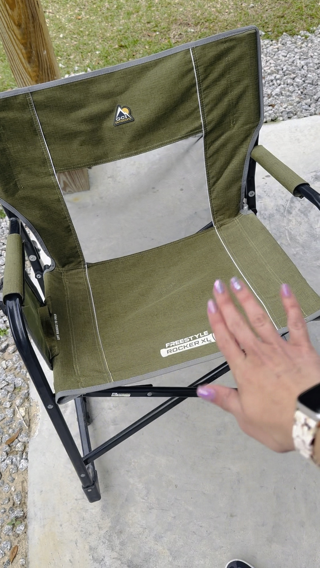 Rocker camping chair. 
This is by far my favorite style. No sagging seat and it’s XL width so lots of room! It folds up with one hand and snaps open just by pushing the seat down. It has a cup holder and phone pocket on the side as well.
#campingchair 

#LTKhome #LTKSeasonal #LTKparties