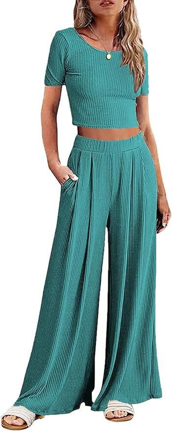 Ekouaer Women's 2 Piece Lounge Sets Short Sleeve Pajama Set Ribbed Knit Crop Top Wide Leg Pants L... | Amazon (US)