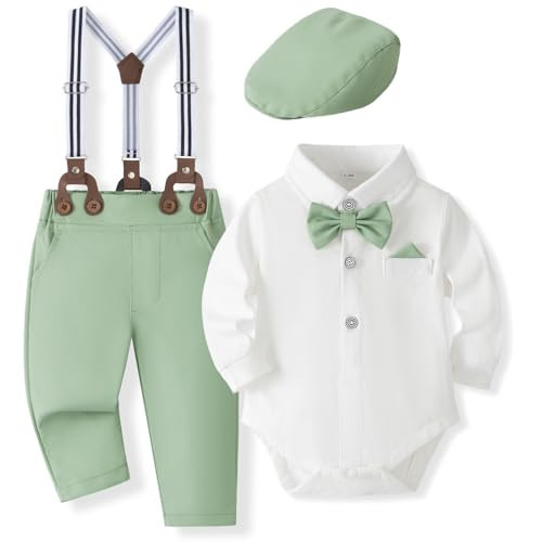 SALNIER Baby Boy 5PCS Formal Outfit Soft Cotton Romper Suspender Pants Bowtie Beret Hat Infant Wedding Birthday Party Suit (Light Green,12-18 Months) | Amazon (US)