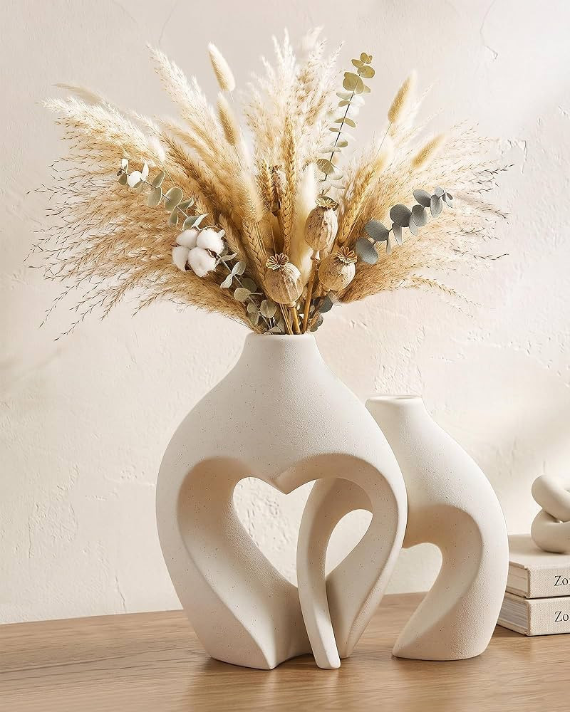 White Ceramic Flower Vase Home Table Decor Heart Shaped Vase Set of 2     Boho Heart Shaped Minim... | Amazon (US)