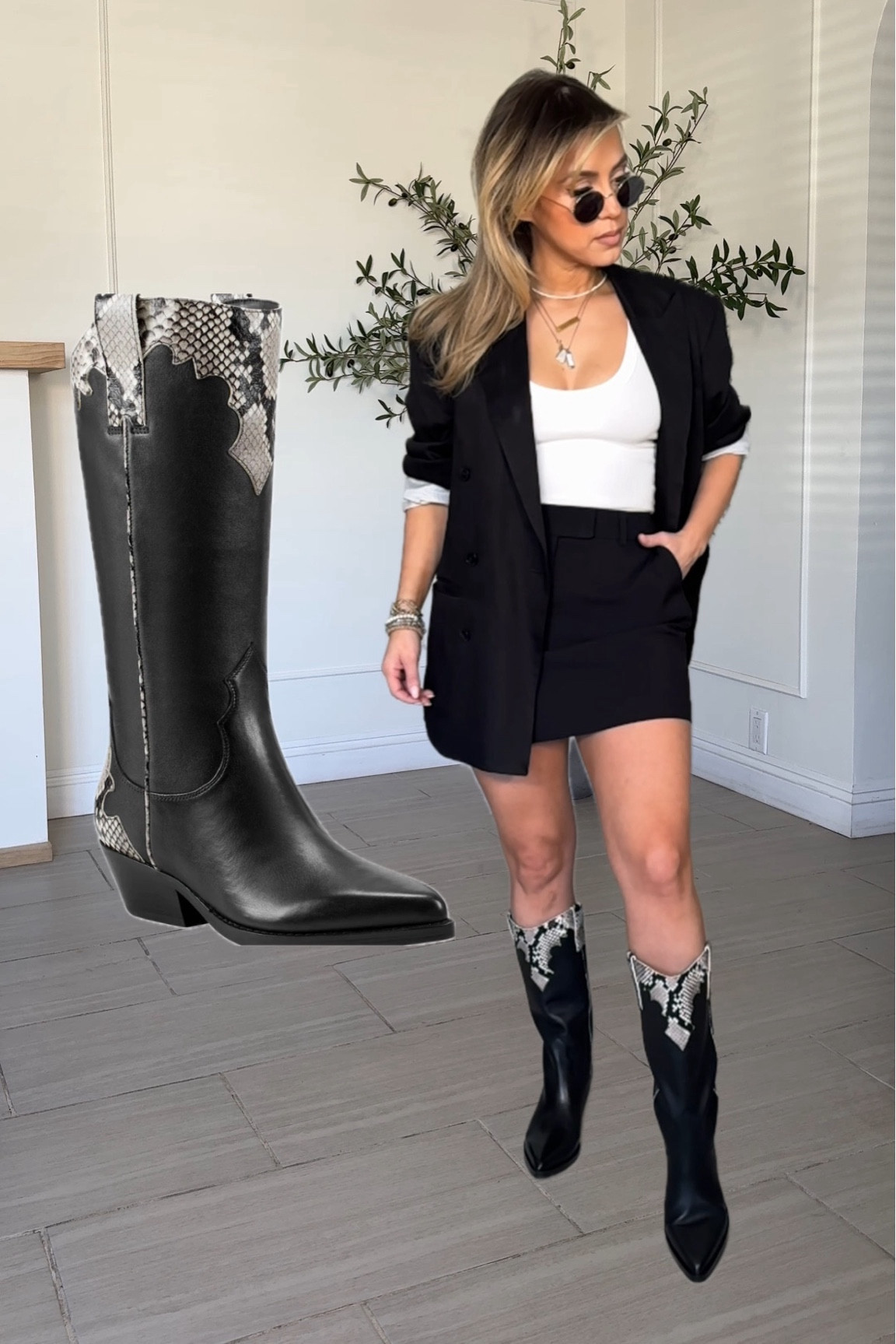 Hilaria Western Boots by Marc Fisher, styled with a mini skirt, tank top, and blazer. 

They're true to size super comfortable ! 

#LTKSeasonal #LTKU #LTKshoecrush