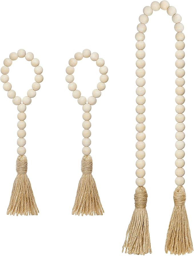 Mkono Wooden Beads Garland with Tassels 3 Pcs Prayer Beads Farmhouse Rustic Wood Bead String Wall... | Amazon (US)