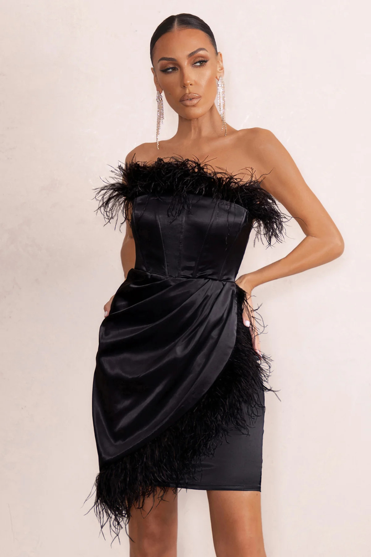 Forever High | Black Bandeau Wrap Front Mini Dress With Feather Trim | Club L London