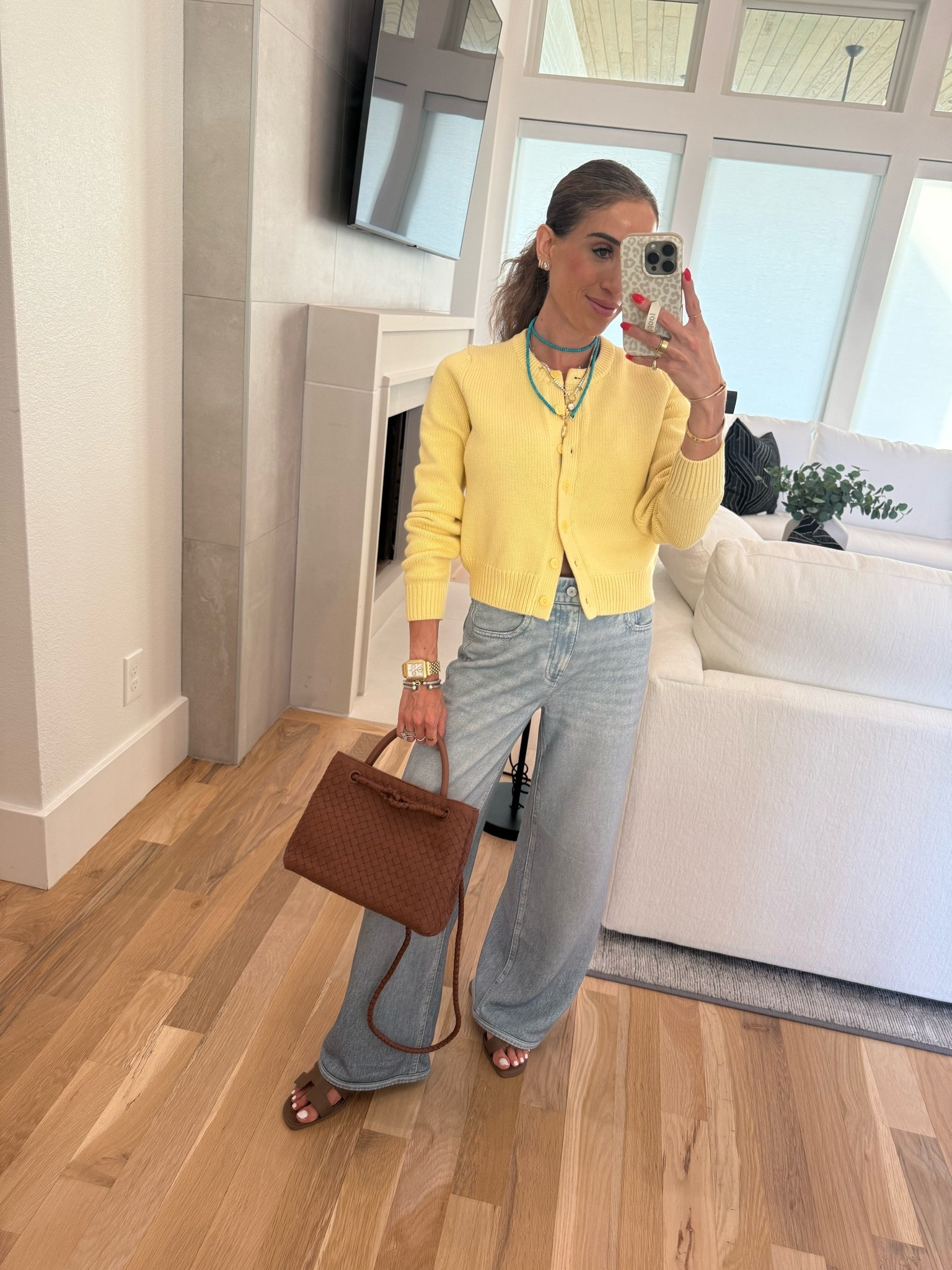 The cutest yellow cardigan that’s not too baggy! On sale too and wearing xxs in it and the sweatpant jeans