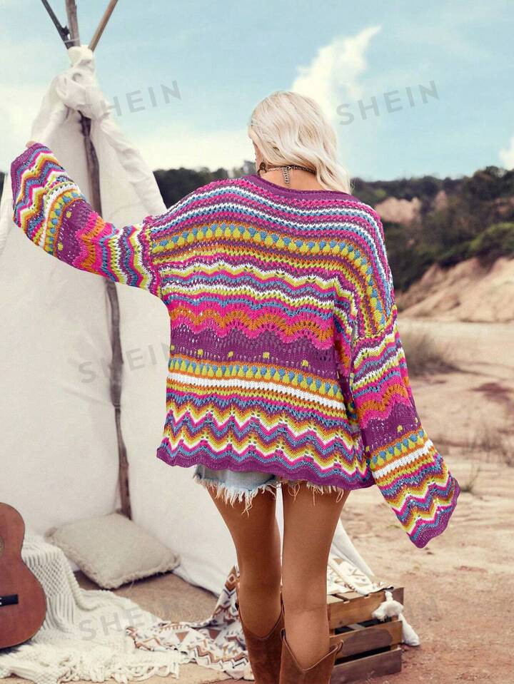 SHEIN VCAY Color Block Striped V-Neck Pullover Sweater, Perfect For Vacation | SHEIN