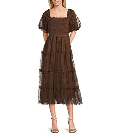 Blu Pepper Mesh Dot Square Neck Short Puff Sleeve Midi Dress - L | Dillard's