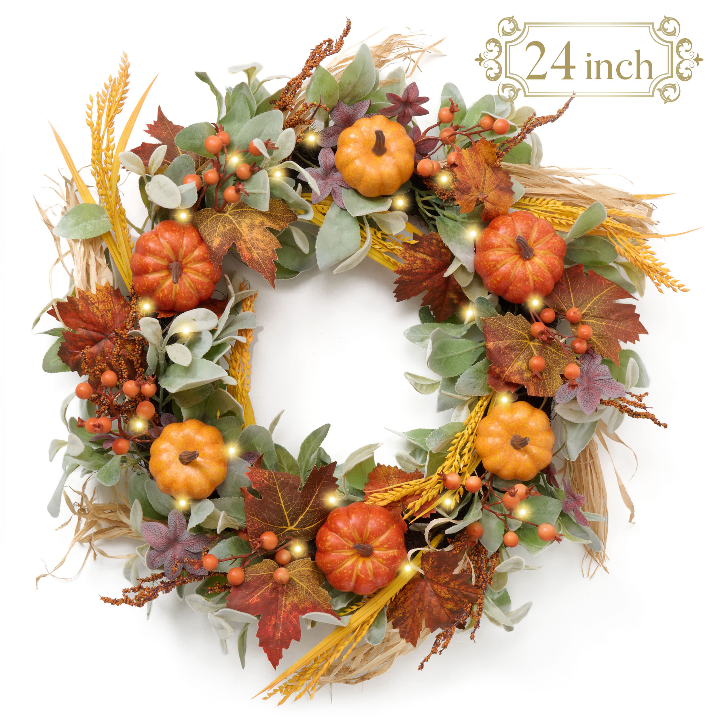 Valery Madelyn 24 Inches Pre-Lit Fall Wreath Lighted Harvest Wreath with Orange Thanksgiving Wrea... | Walmart (US)