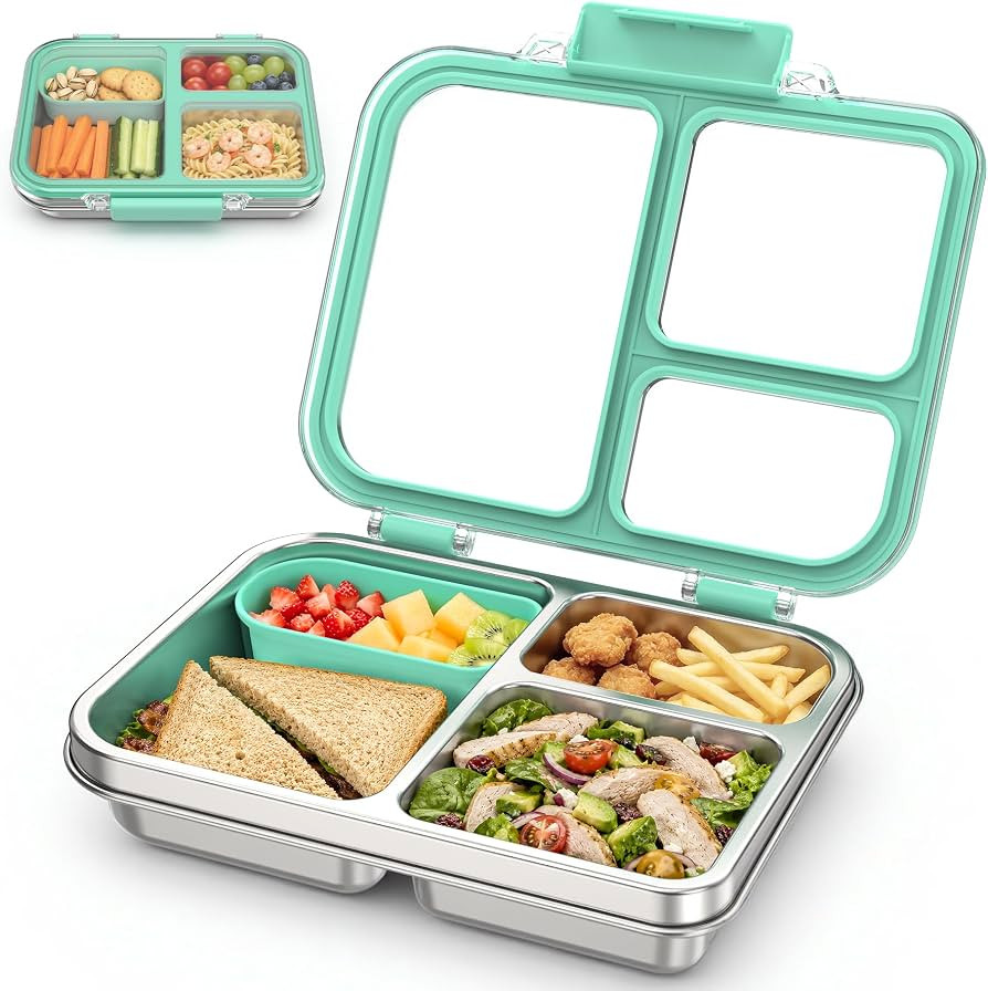 Stainless Steel Bento Box for Kids, 3-Compartment Metal Lunch Box with Clear Lid & Removable Sili... | Amazon (US)