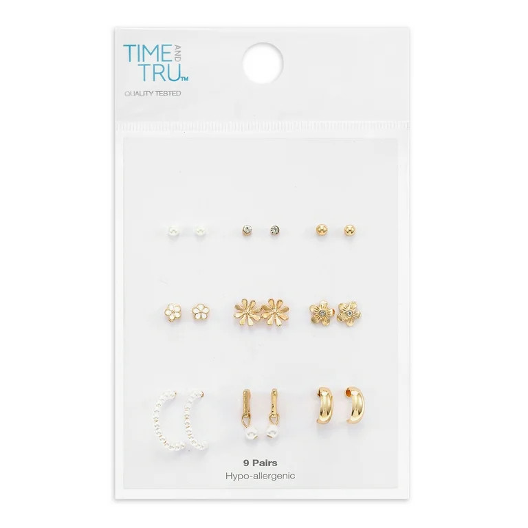 Time and Tru Womens Gold Mini Stud and Hoop Earring Collection, Flower Motif, 9 Pairs - Walmart.c... | Walmart (US)