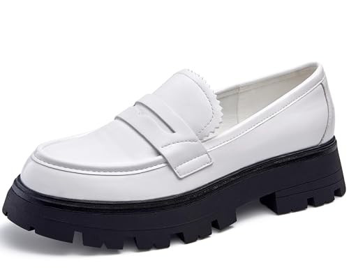 Cestfini Women's Chunky Loafers Platform Comfortable Slip-On Dressy Business Casual Fashion Outfit Loafer Shoes LF04W-184-RT-PAPENT White-7.5 | Amazon (US)