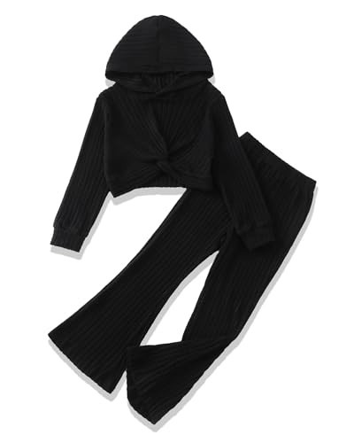 XUANHAO Kids Girls Clothes Size 5 6 Fall Winter Outfit for Girl Fashion Black Rib Knit Twist Front Hoodie Sweaters Crop Tops Flare Pants 2 Piece Sweatsuit Outfits Set 5T 6T Girl Clothes | Amazon (US)