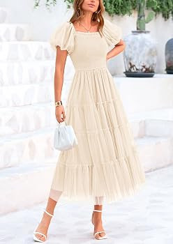 PRETTYGARDEN Women's Smocked Midi Tulle Dress 2025 Summer Puffy Short Sleeve Square Neck Ruffle W... | Amazon (US)