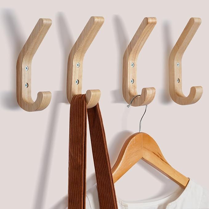 CRSWHA Natural Wood Wall Hooks,4 Pack Wall Mounted Wooden Coat Hooks,Modern Decorative Wooden Peg... | Amazon (US)