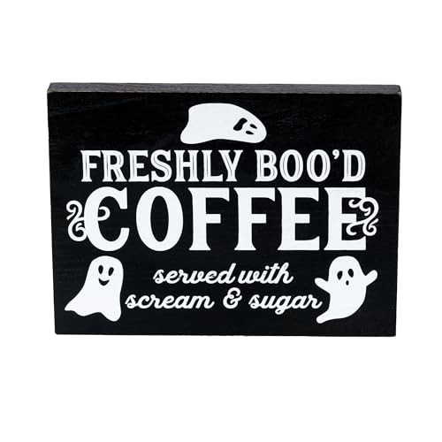 Freshly Boo'd Coffee Halloween Sign Cute Halloween Coffee Bar Decor Wooden Kitchen Decor Accessories Rustic Home Indoor Tabletop Ornament (Black) | Amazon (US)