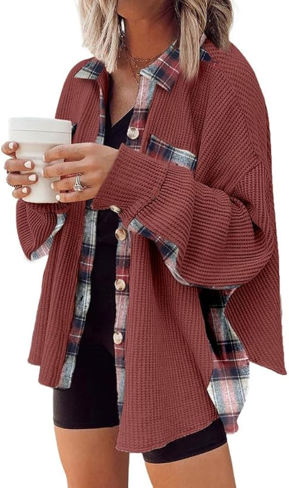 SHEWIN Womens Waffle Knit Plaid Shacket Boyfriend Button Down Shirt Jacket Loose Long Sleeve Tops | Amazon (US)