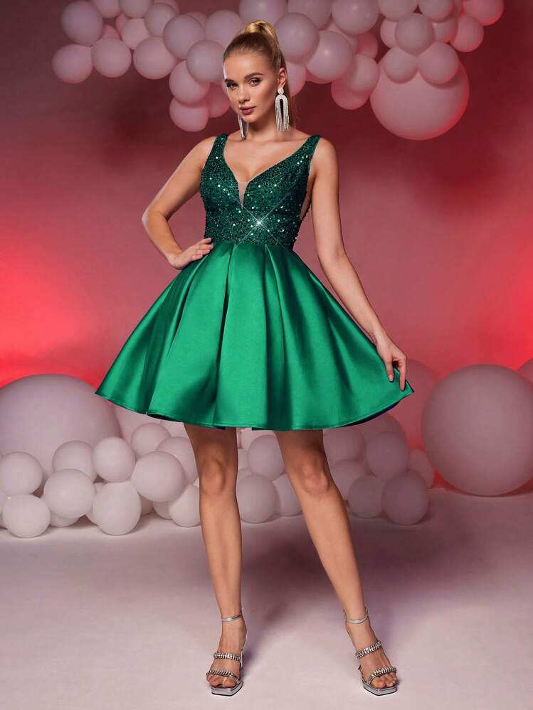 Lovelzi Elegant & Luxurious V-Neck Sequin Splice Satin A-Line Dress, Suitable For Wedding, Party, Graduation, Ball, Resort (Heavy Design), Semi Formal Prom Dress, For Birthday, Wedding Guest Homecoming | SHEIN