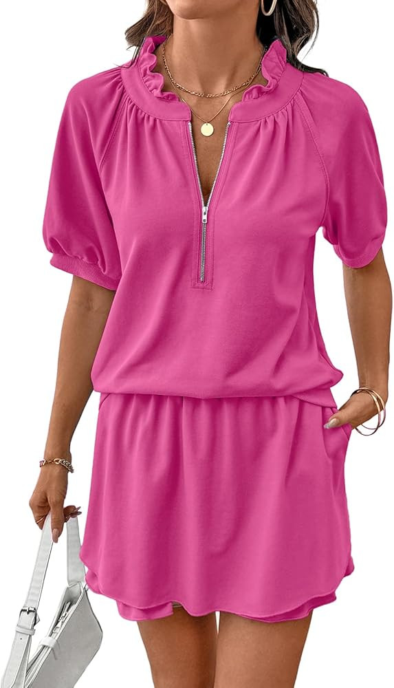 SHEWIN Two Piece Sets for Women Half Zip Up Puff Short Sleeve Tops and Ruffled Shorts Lounge Set ... | Amazon (US)