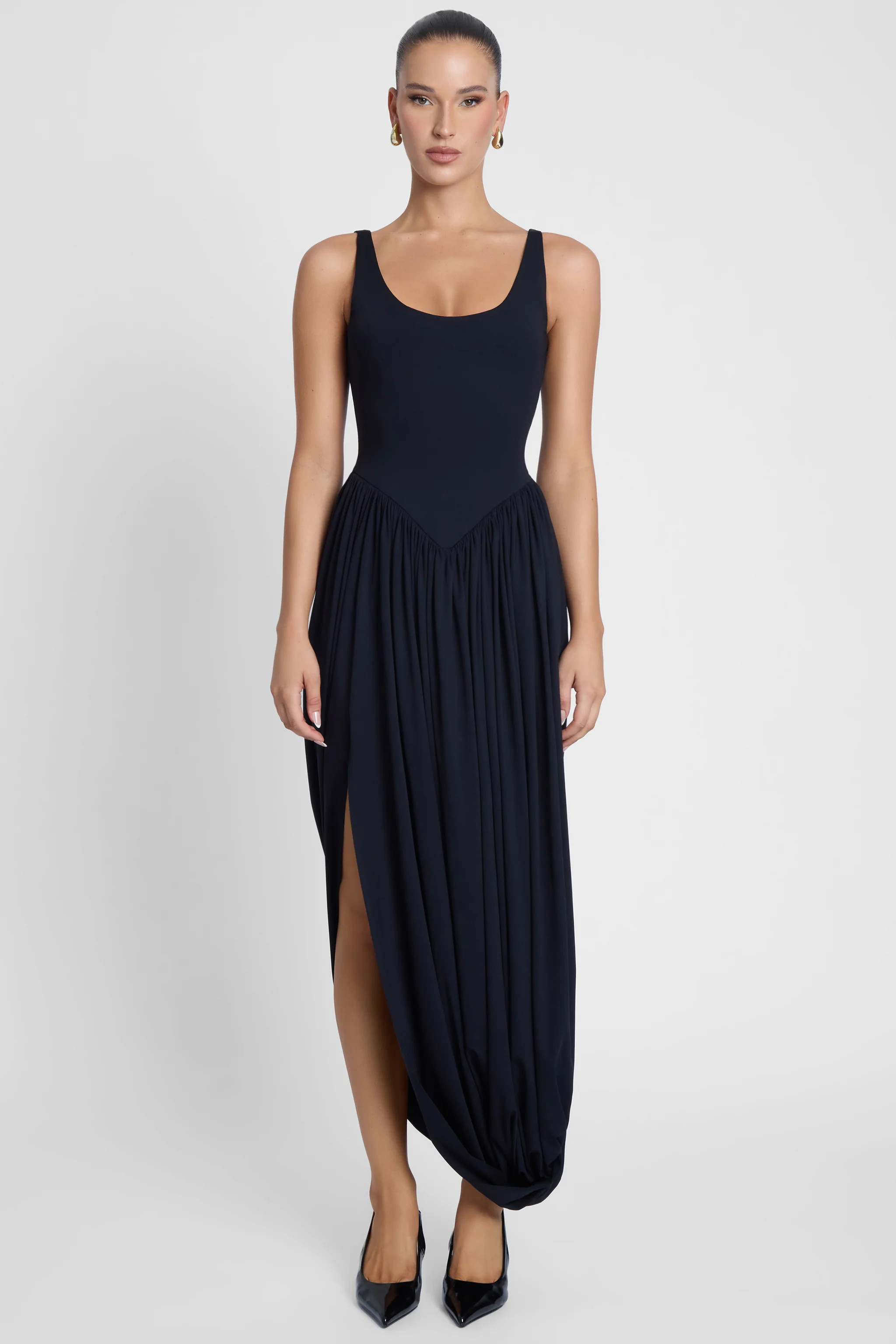 Dionysus Sculpt Drape Midi Dress - Black | LEAU (US)