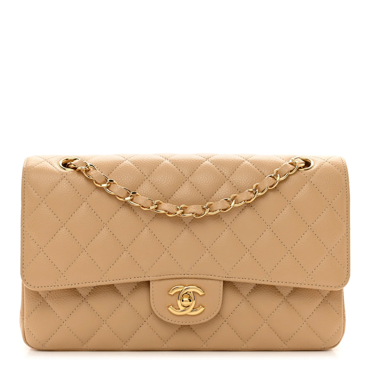 Caviar Quilted Medium Double Flap Beige | FASHIONPHILE (US)