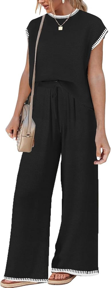 2 Piece Outfits for Women Casual Dressy Knit Lounge Sets Cap Sleeve Tops and Elastic Waisted Pant... | Amazon (US)