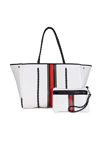 Haute Shore - Greyson Trento Neoprene Tote Bag w/Zipper Wristlet Inside, White Coated W/Red, Black & Green Stripe | Amazon (US)