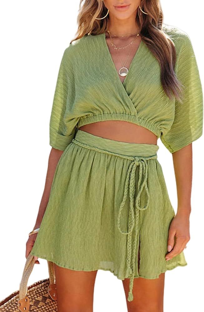 Dokotoo Vacation Outfits for Women V Neck Bat Sleeve Crop Top Side Split Skirt Flowy Skirt Sets W... | Amazon (US)