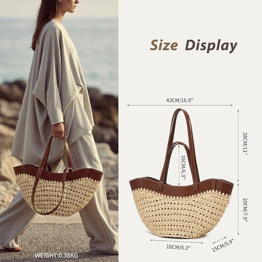 Large Straw Tote Bag for Women, Woven Summer Beach Bag with Leather Trim & Double Straps, Handmad... | Amazon (US)