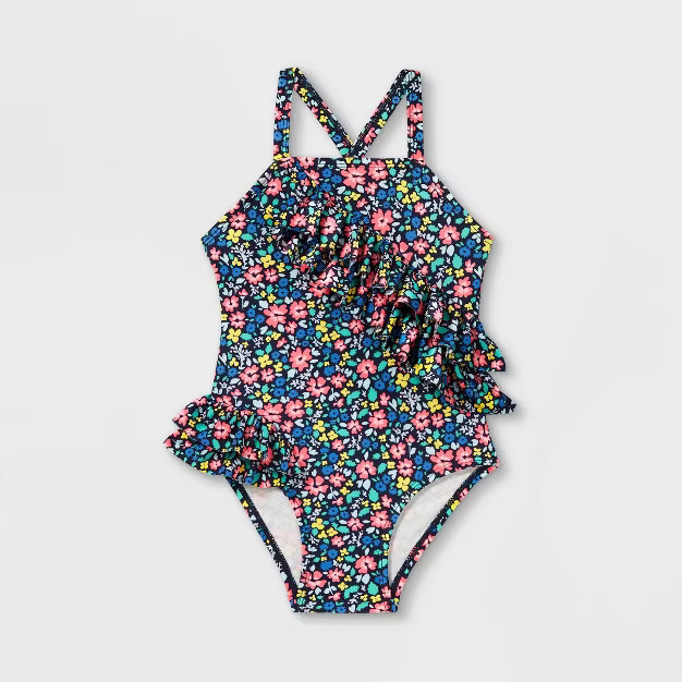 Toddler Girls' Floral Wrap Ruffle One Piece Swimsuit - Cat & Jack™ Blue | Target