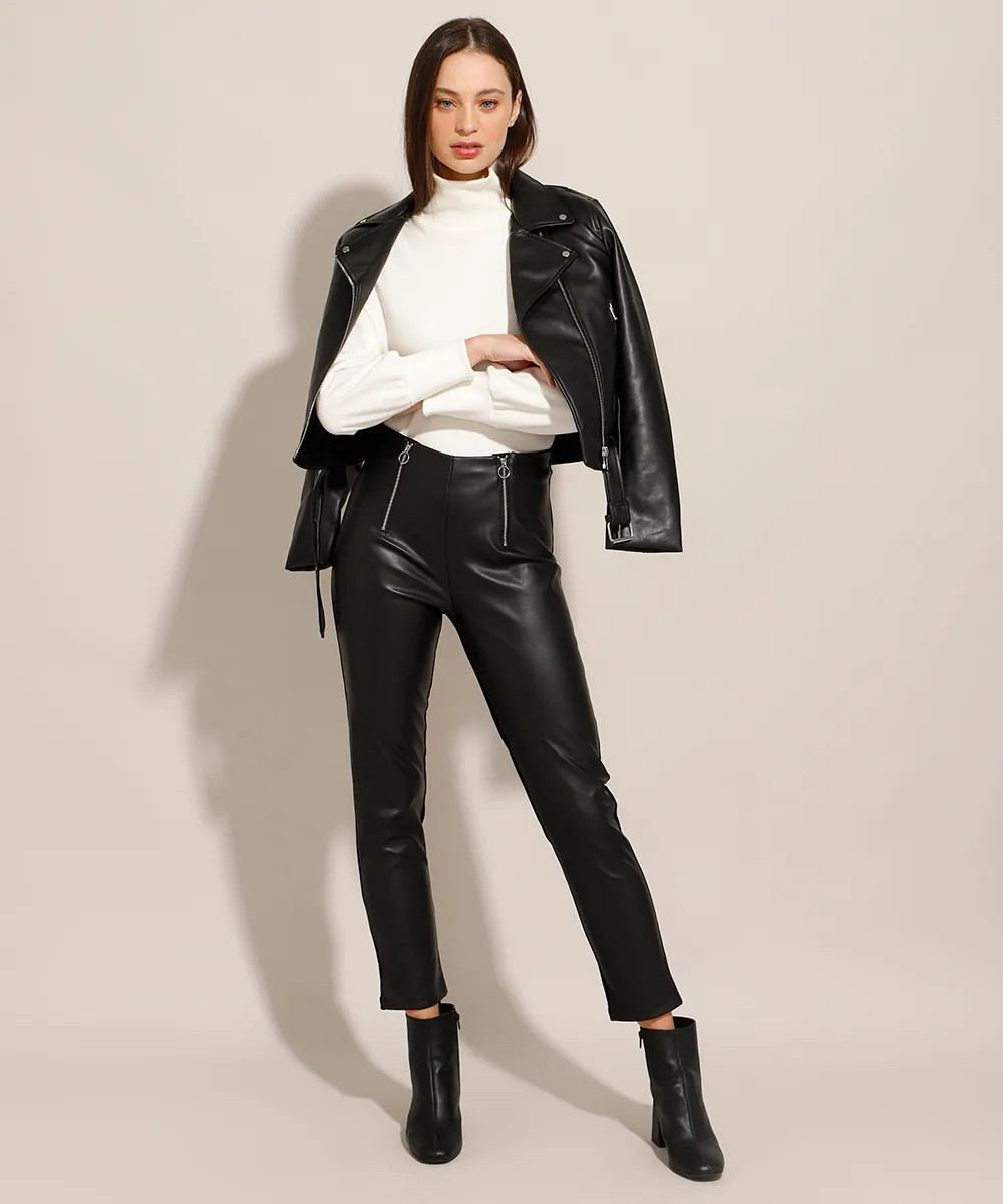 Calça Legging com Zípers Cintura Alta Preta | C&A (BR)