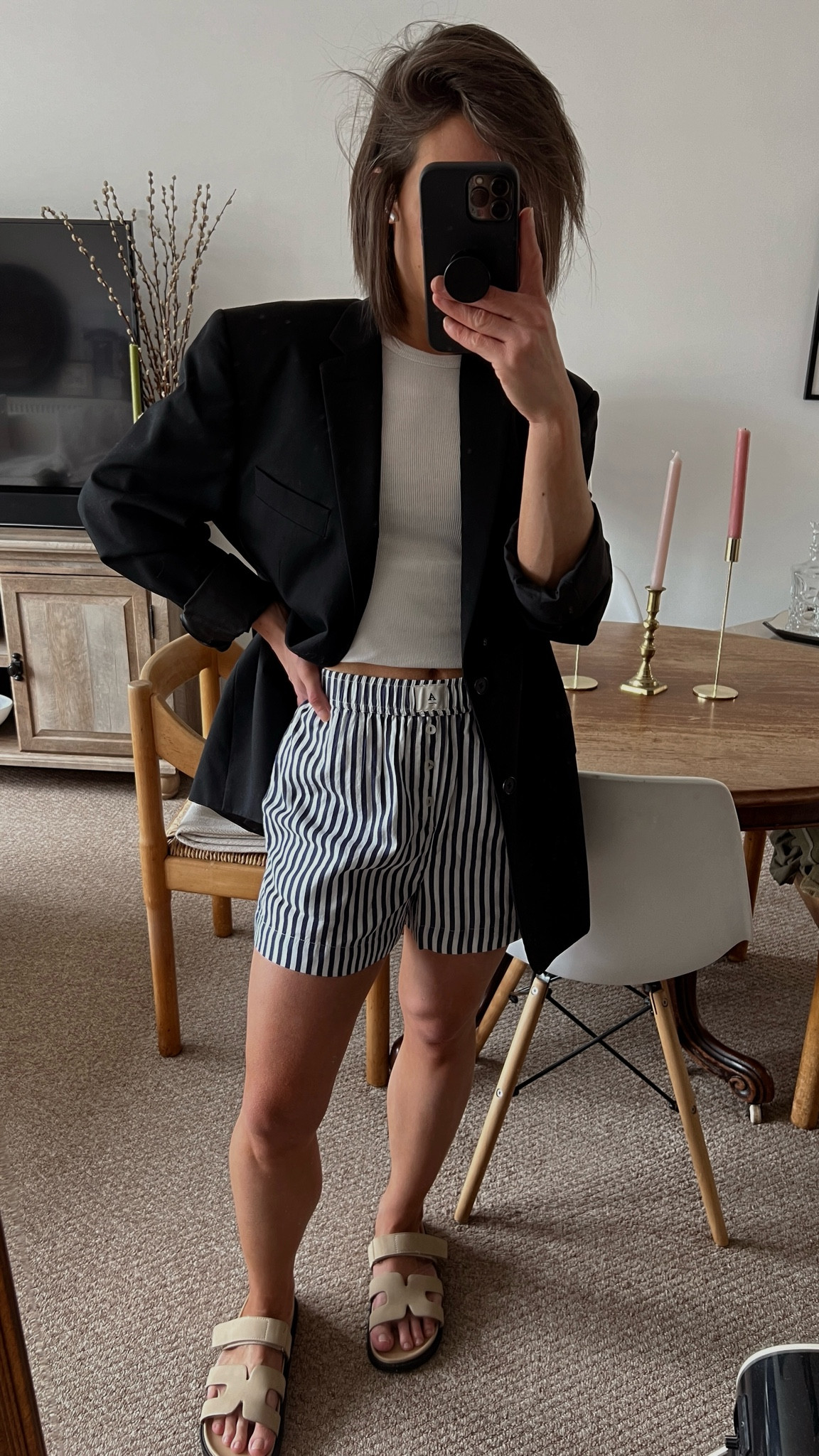 Striped boxer shorts. Hermes inspired gladiator sandals. Spring outfit. Spring style. Scandinavian inspired style. European inspired style. Scandi girl. Scandi outfit. 

#LTKStyleTip #LTKTravel #LTKFindsUnder50