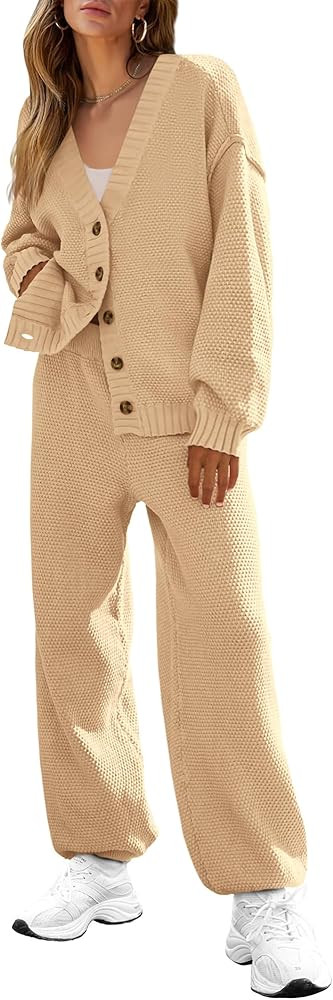 BTFBM Women 2 piece Outfits Fall Knit Sweater Sets Loose Casual Button Down Cardigan Long Pants M... | Amazon (US)
