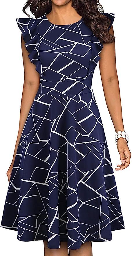 IHOT Women's Vintage Ruffle Floral Flared A Line Swing Casual Cocktail Party Dresses with Pockets | Amazon (US)
