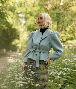 x Jennifer Sumko Jill Wool Round Neck Puffed Long Sleeve Waist Tie Jacket | Dillard's