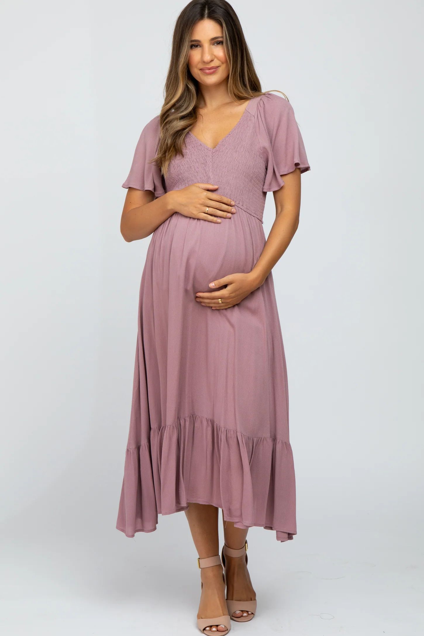 Mauve Smocked V-Neck Maternity Midi Dress | PinkBlush Maternity