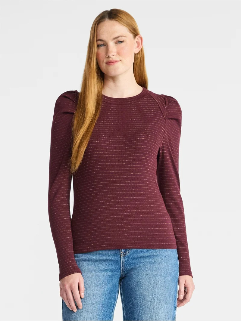Time and Tru Women's Top with Long Puff Sleeves, Size XS-XXXL | Walmart (US)