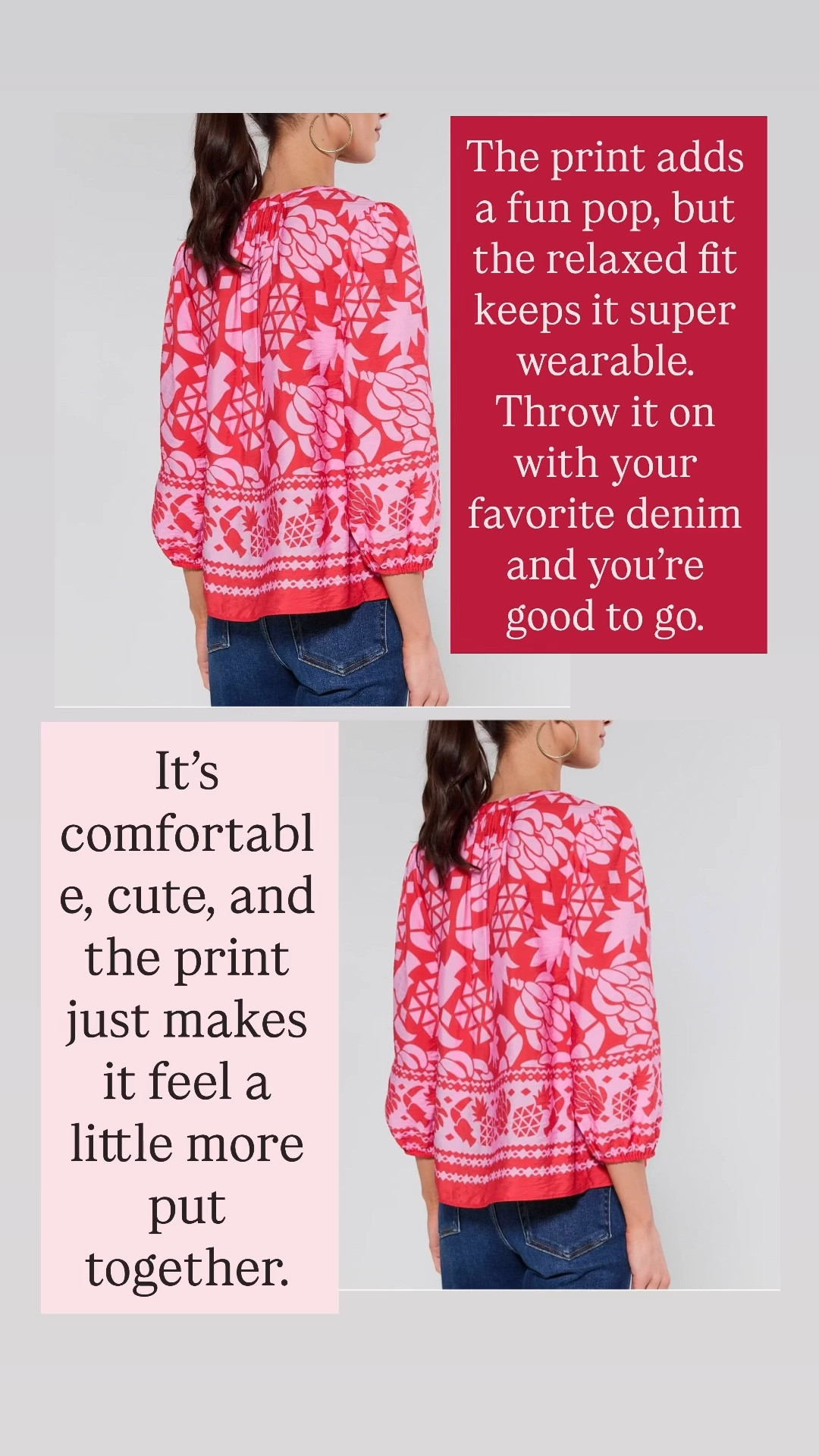 Casual outfit idea with a bold printed top.