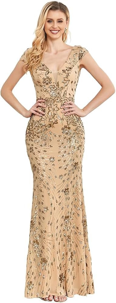 Womens Sequined Long Evening Gown Glamous Sleeveless V-Neck Mermaid Prom Dress for Wedding Party ... | Amazon (US)