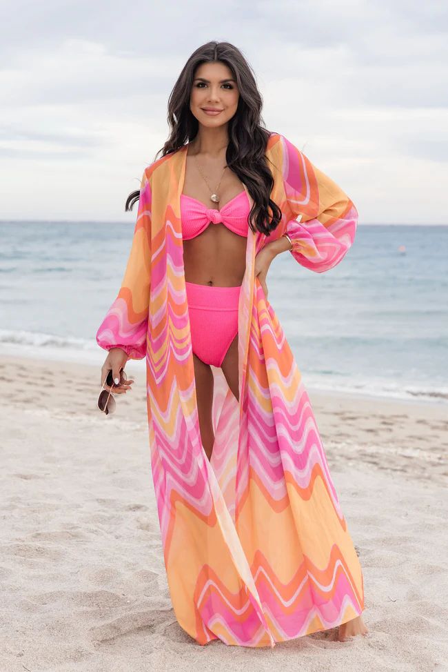 Eyes On Paradise in Serenity Swirl Pink and Orange Swirl Belted Kimono Cover Up FINAL SALE | Pink Lily