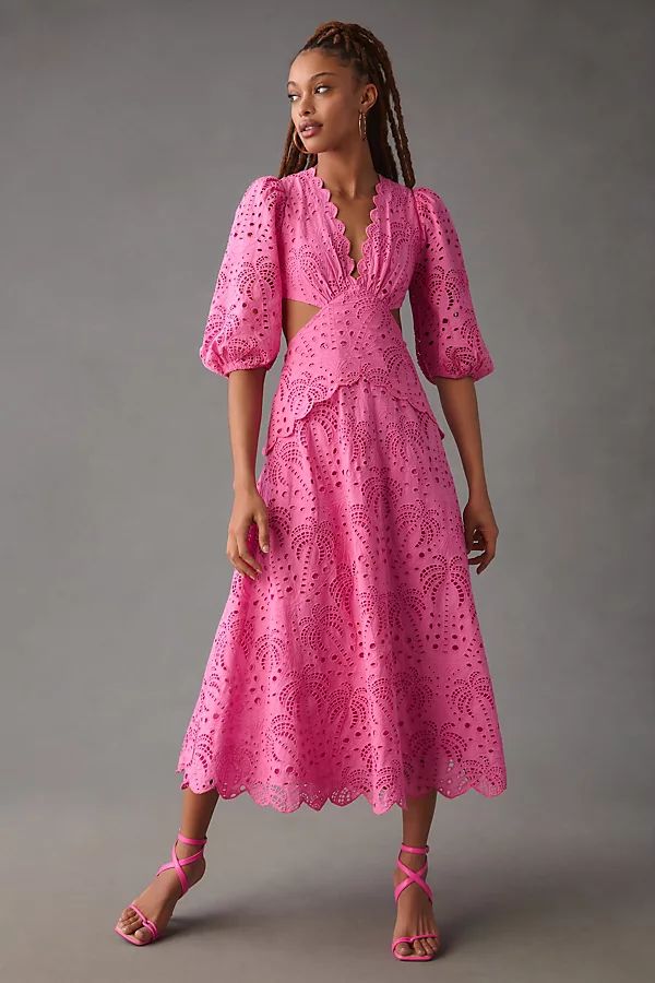 Farm Rio Scalloped Palm Eyelet Cutout Dress By Farm Rio in Pink Size L | Anthropologie (US)