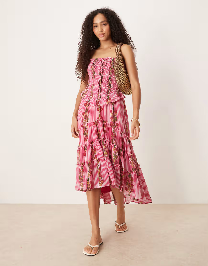 Free People ruched ruffle midi dress in hot pink combo-Multi | ASOS (Global)
