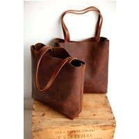 Brown Leather Tote Bag - Brown Leather Bag Travel Market Laptop Cross Body Tote- Sale | Etsy (US)