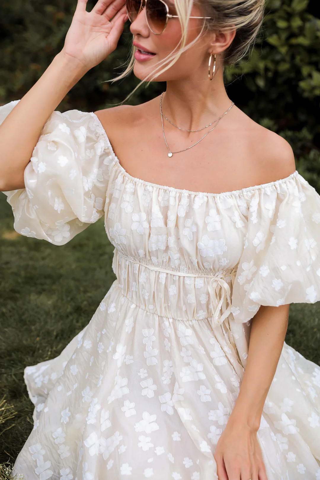 Garden Radiance Ivory Floral Puff Sleeve Mini Dress | Dress Up