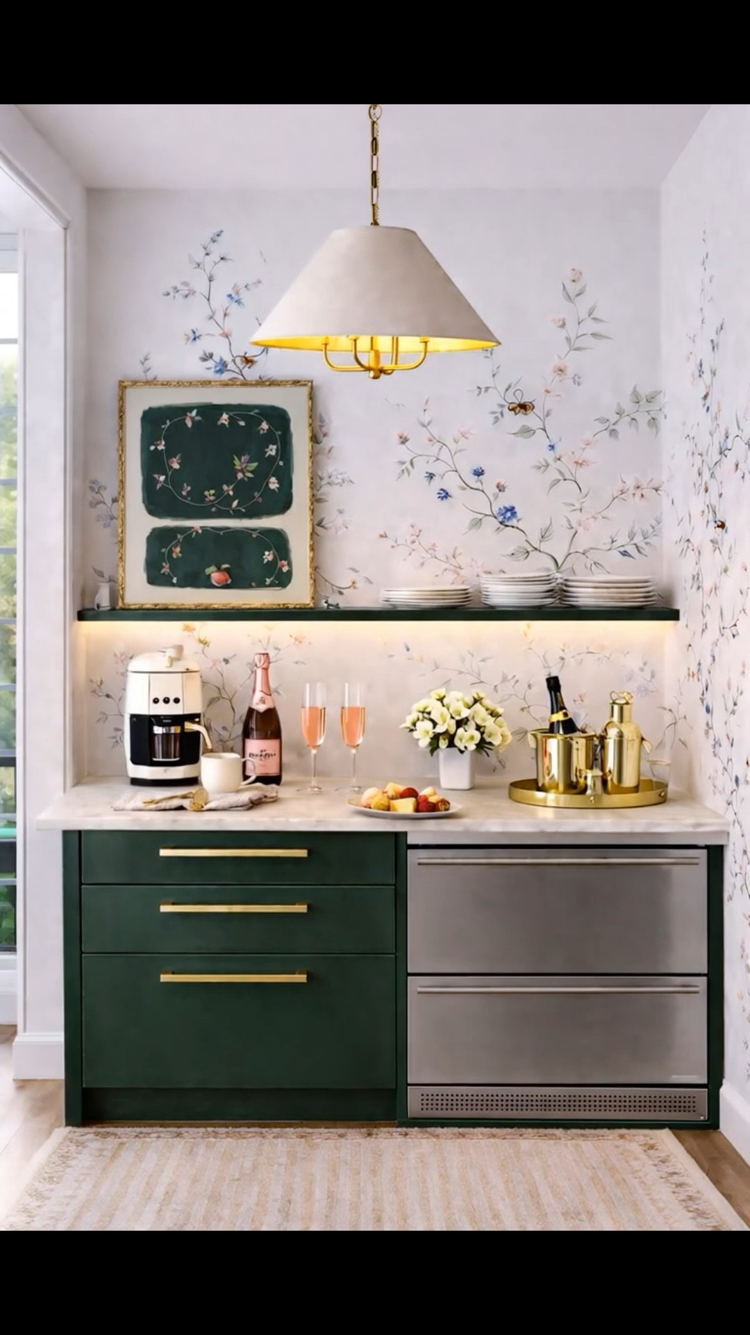 From coffee to cocktails — this little corner does it all ✨

Friday sunset hits different when everything feels this soft, layered, and intentional.  
An everyday coffee station, but elevated into a moment.

I’m especially in love with this new chinoiserie wallpaper — timeless, delicate, and instantly adds that collected, elegant feel. Paired with a modern brass lighting piece that warms everything up just enough as the evening sets in.

A few details that make this space:
– striped rug grounding the whole moment  
– soft pink accents for a subtle glow  
– a brass tray that turns it into cocktail time in seconds  
– and this artwork… quietly tying everything together  

Most pieces are currently on sale (yes, including the lighting 👀 up to 30% off)

Save this if you love a space that transitions with you — from slow mornings to Friday night cocktails.

#coffeestation #cocktailhour #chinoiserie #wallpaper #kitchendesign #homestyling #brassdecor #stripedrug #tabletop #ltkhome #interiorstyling  
#ART #bartool #homebar #wineglasses

#LTKSaleAlert #LTKHome #LTKdayinmylife