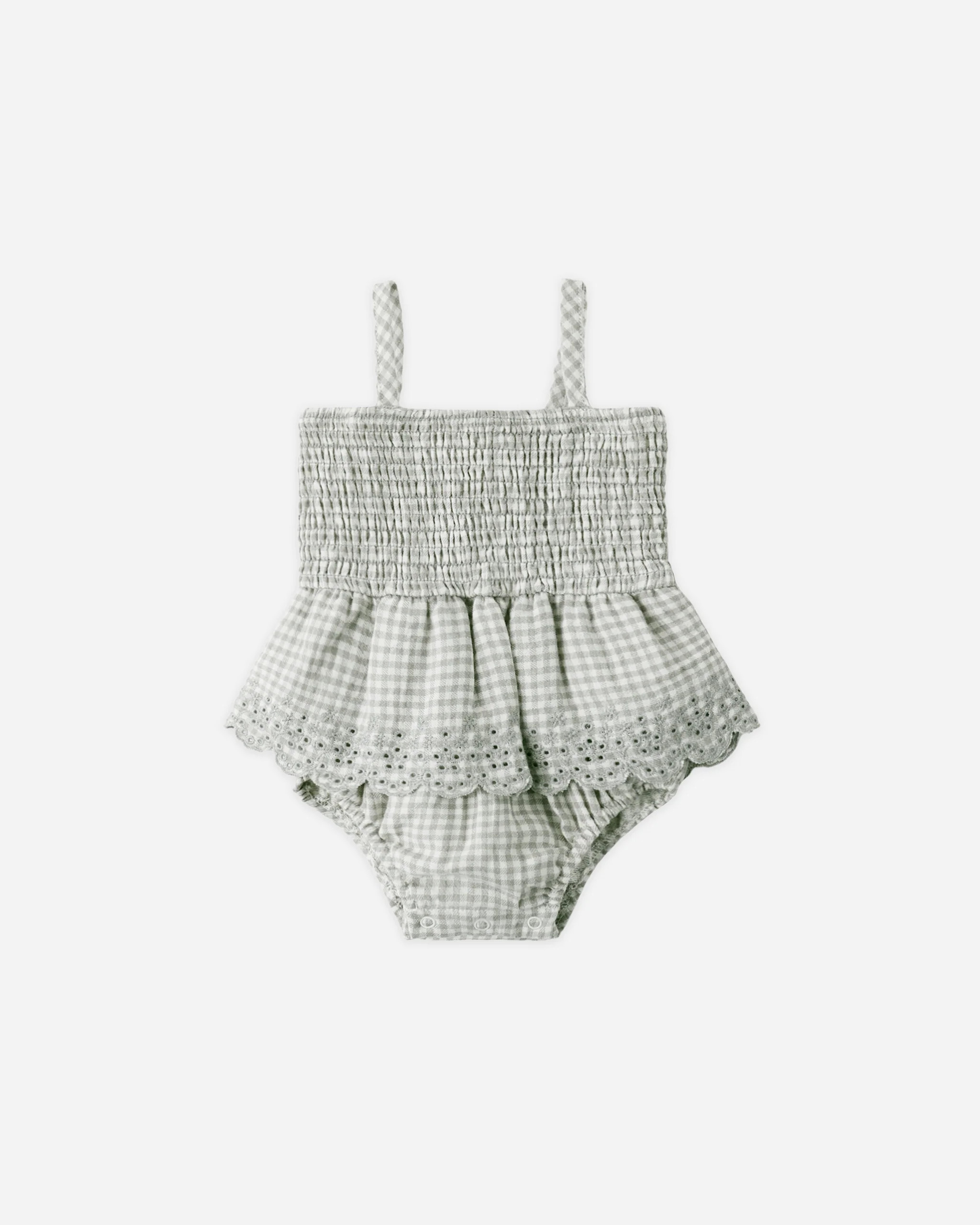 Smocked Skirted Romper Sage Gingham | Rylee + Cru